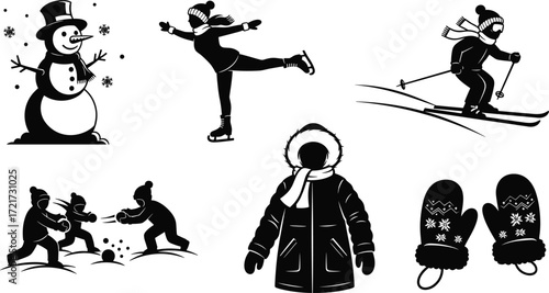 Winter illustration set, snowman, ice skating, skiing, snowball fight, coat, mittens, seasonal activities, festive icons, black and white design