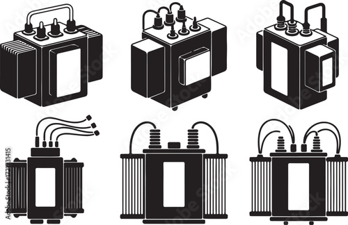 Transformer Vector Silhouette Electrical Power Industry Station Energy Icon Set