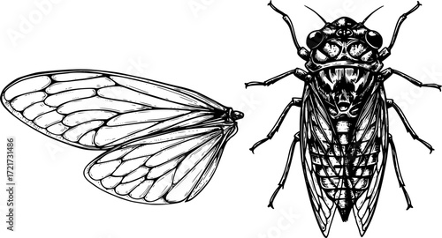 cicada insect ans isolated wings, hand drawn on white background
