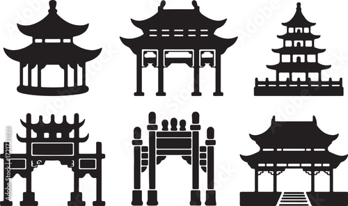 Chinese Architecture Silhouette Ornate Pagodas and Gateways in Asia Culture