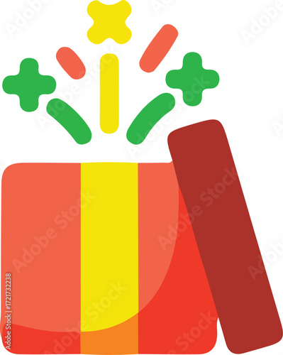 A colorful cartoon explosion of abstract shapes erupting from an open gift box