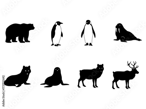 Arctic Animals Silhouettes Polar Bear, Penguin, Walrus, Wolf, Seal, Reindeer