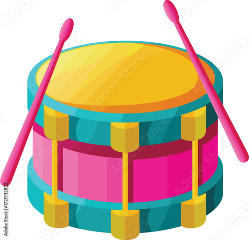 A colorful toy drum with two pink drumsticks