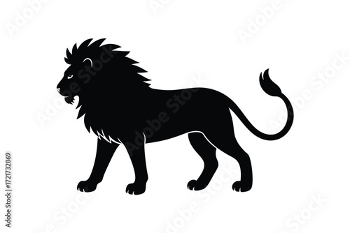 Black Silhouette of a Lion Standing on White Background