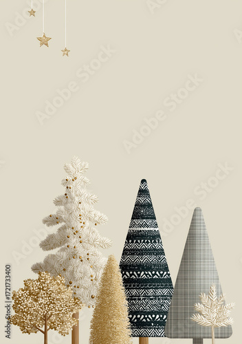 Modern geometric christmas trees showcase contemporary holiday decoration with golden accents.