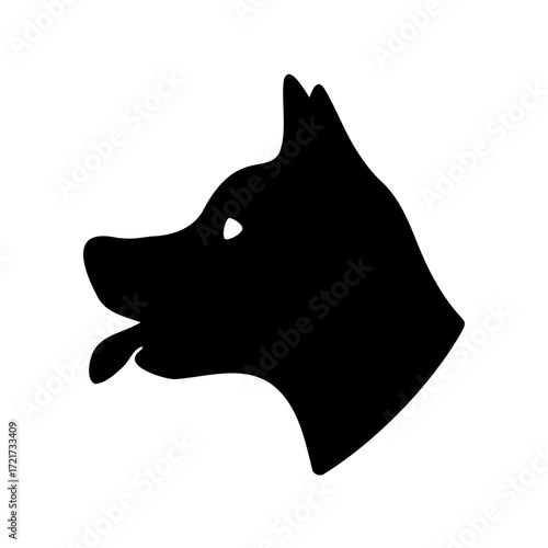 Silhouette of dog head-Black silhouette of a dog head in profile with ears upright and tongue out, representing pets, loyalty, protection, companionship, and canine symbols.
