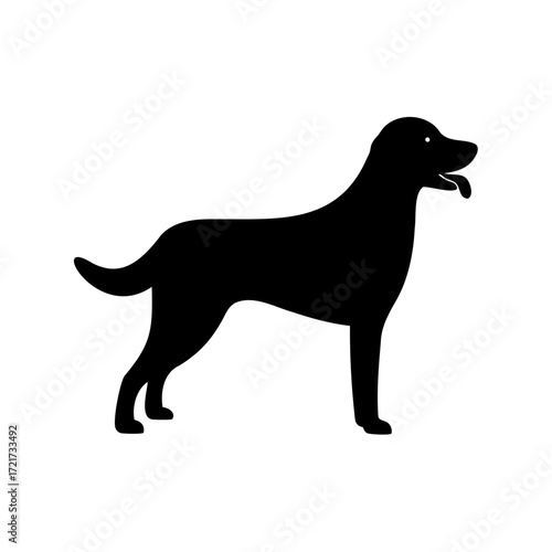 Silhouette of standing dog with tongue out-Black silhouette of a dog standing with tail raised, symbolizing pets, loyalty, companionship, animals, training, and domestic canine friends.
