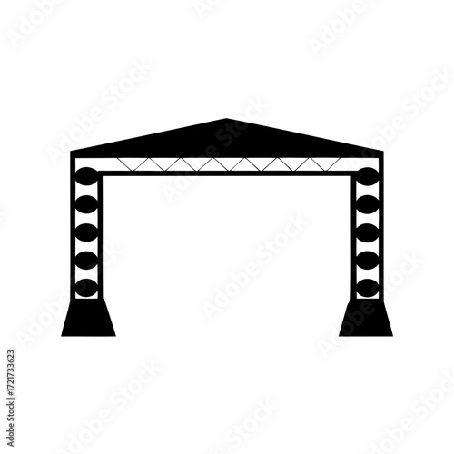 Silhouette of concert stage with lights-Black silhouette of an event stage with lighting setup, symbolizing concerts, performances, festivals, live shows, entertainment, and music events.
