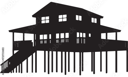Silhouette Of A House On Stilts With A View On A Transparent Background