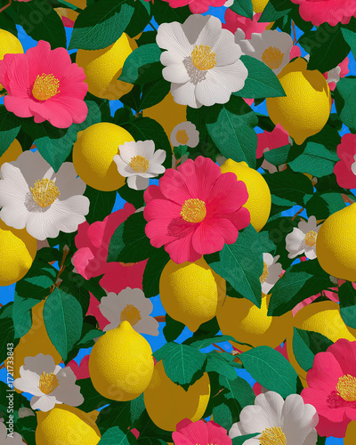 Vibrant floral arrangement combines bright lemons with colorful blooming garden flowers.