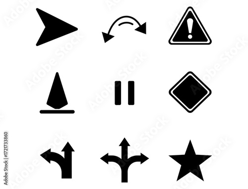 Collection of Black Directional, Navigation, and Warning Symbols on a White Background