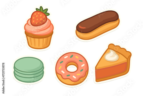 Delicious assortment of sweet desserts and baked goods including cupcake, eclair, donut, pie, and macaron on a clean white background