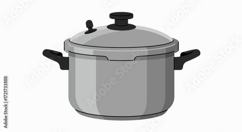 A simple, clean illustration of a silver pressure cooker with black handles and a black lid.