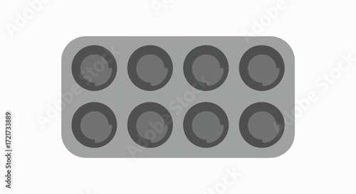 Flat design illustration of an empty gray baking pan with eight circular cups, suitable for muffins or cupcakes.