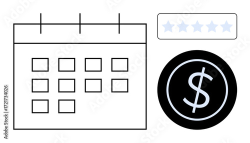 Calendar with monthly layout, dollar sign symbolizing finances, and star rating element. Ideal for budgeting, scheduling, quality evaluation, business planning, time management, performance tracking
