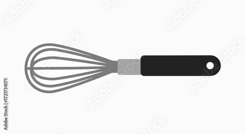 A simple illustration of a kitchen whisk with a black handle and metal wires.