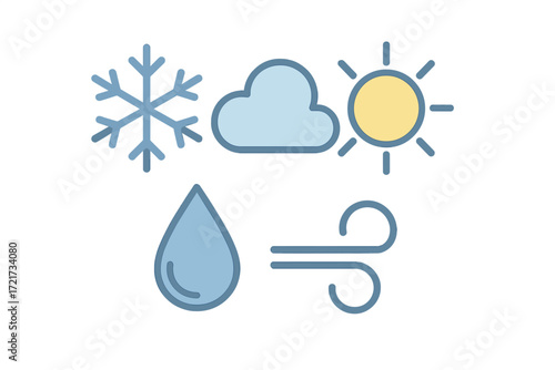 Diverse meteorological symbols representing various weather conditions like sun, cloud, snow, rain, and wind