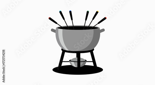 A cartoon illustration of a fondue pot with skewers and a burner.