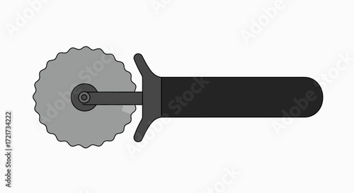 A top-down view of a pizza cutter with a serrated gray wheel and a black handle on a light background, a common kitchen utensil.