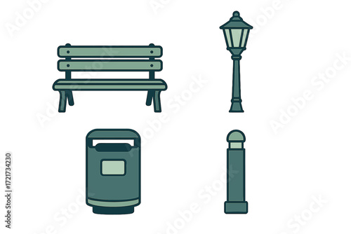 Public park and street furniture elements including a bench, lamp post, trash can, and bollard