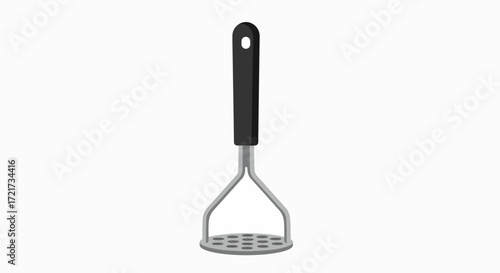 A black-handled, gray metal potato masher, isolated on a white background.