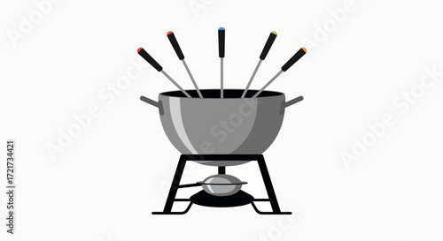 A silver fondue pot with eight forks on a stand.
