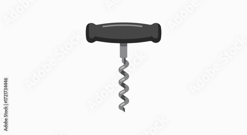 A black handled corkscrew with a silver spiral worm is shown against a white background.