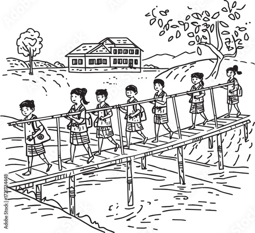 Vector line art of rural children crossing bamboo bridge or pole to reach school. Symbolizes education, determination, and village life. EPS-ready for cultural and editorial themes.
