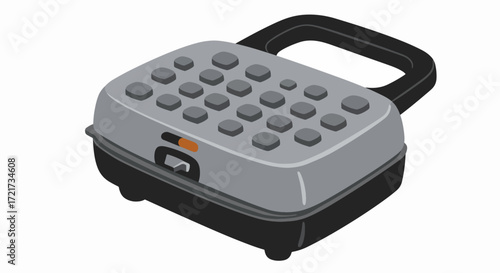 A gray and black electric waffle maker with a black handle and a grid pattern on its top surface.