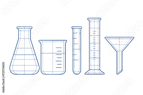 Laboratory glassware collection with flask, beaker, test tube, graduated cylinder, funnel for science