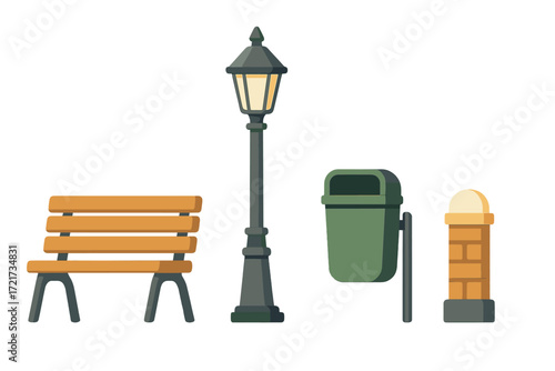 Collection of essential urban park furniture including a wooden bench, classic street light, green waste bin, and brick bollard