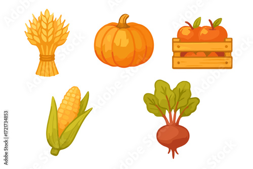Vibrant seasonal autumn harvest produce collection featuring fresh wheat pumpkin apples corn and beet vegetables isolated on white background