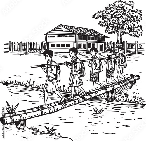 Vector line art of rural children crossing bamboo bridge or pole to reach school. Symbolizes education, determination, and village life. EPS-ready for cultural and editorial themes.
