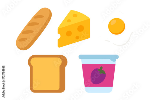 Assortment of breakfast and snack foods including bread, cheese, fried egg, toast, and fruit yogurt