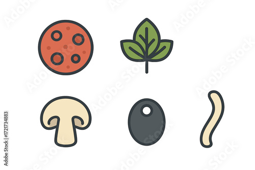 Delicious pizza toppings assortment with pepperoni, fresh basil, mushroom, olive, and chili pepper for culinary designs