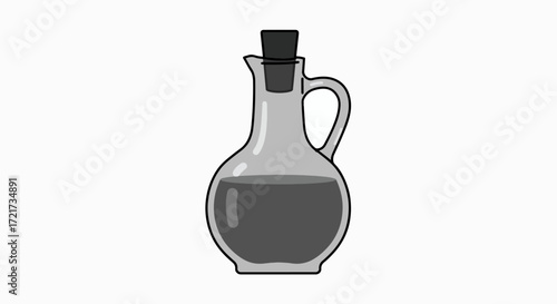 Illustration of a glass bottle with a handle and a cork stopper, filled with dark liquid.