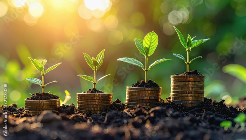 Financial planning investment growth chart depicting pile of coins with a plant growing on top for financial success