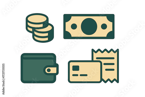 Essential financial transaction icons set with coins, banknote, wallet, credit card, and payment receipt symbols for modern banking and commerce operations