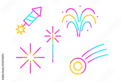 Vibrant gradient elements for festive fireworks, sparklers, and celebration designs for holidays and special events