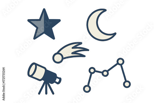 Astronomy and space themed celestial objects including star moon comet and stargazing tools such as telescope and constellation