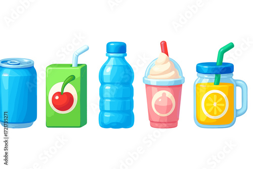 Variety of refreshing beverages including soda, fruit juice, bottled water, milkshake, and lemonade