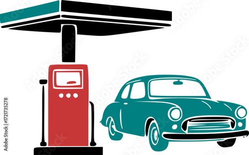 Traditional retro car and gas station
