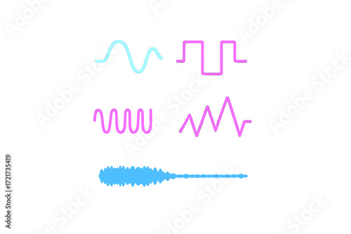 Abstract representation of various sound and signal wave patterns including sine, square, sawtooth, and audio frequency