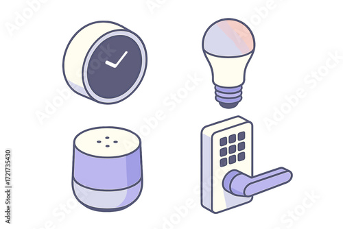 Isometric smart home technology icons depicting security, lighting, and audio systems for modern connected living, automation, and digital control