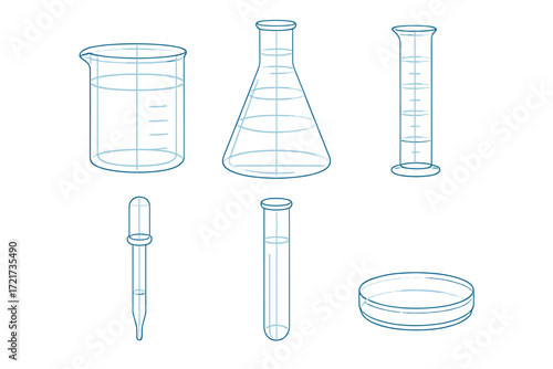 Essential laboratory glassware and scientific research equipment for chemistry experiments and analysis