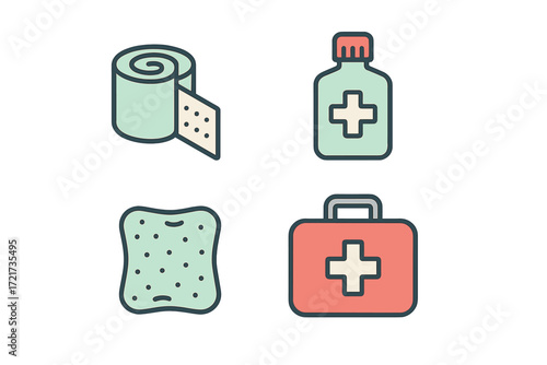 Essential medical supplies for first aid and healthcare including bandages, antiseptic, and a portable kit
