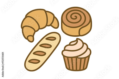 Collection of delicious freshly baked goods featuring a golden croissant, long baguette, sweet cinnamon roll, and frosted cupcake