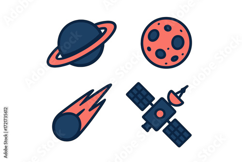 Graphic representation of celestial bodies and space exploration elements like planet, moon, comet, and satellite