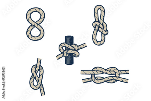 Collection of various rope knots including figure eight, cleat hitch, and sheet bend for nautical themes