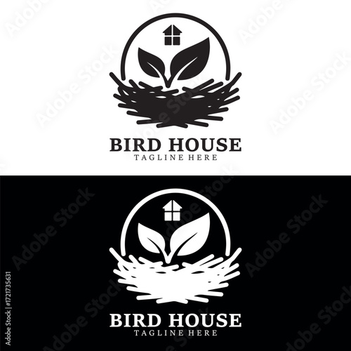 Modern Bird House Logo Design Vector | Nest, Leaves & Home Symbol